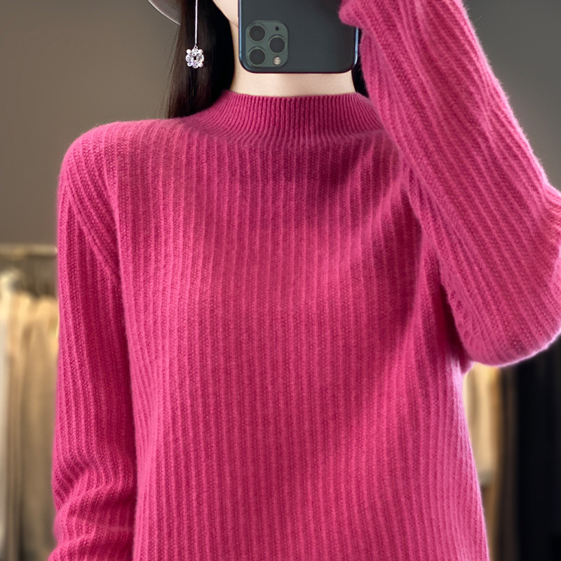 Half Turtleneck Wool Sweater for Women 100% Wool Vertical Strip Pattern Fashionable Pure Color Simple Knitted Bottoming Sweater Autumn and Winter New