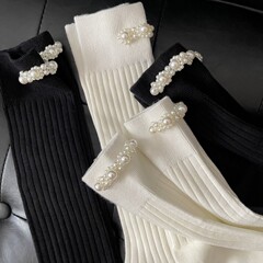 SR手工串珠高亮珍珠襪雙針黑白仙女襪網紅復古長襪