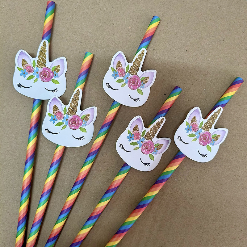Decoración de fiesta de unicornio transfronterizo de papel arcoíris pajita desechable de cóctel degradable decoración de pastel