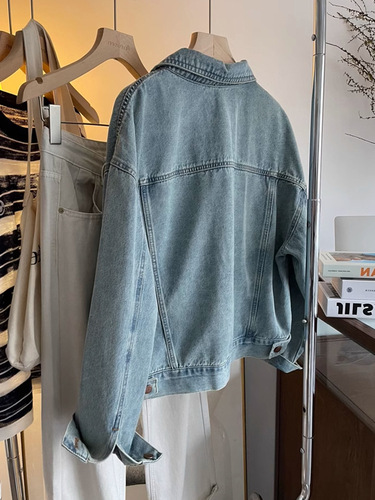 Retro light blue denim jacket for women spring and autumn Korean style loose student short jacket small top