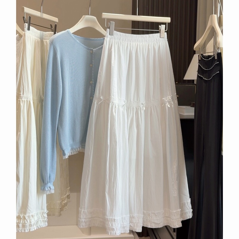 White Cake Skirt with Bow and Ruffled Edges for Women, 2026 Spring New Style, A-Line Loose Fit, Slimming Mid-Length Flared Skirt