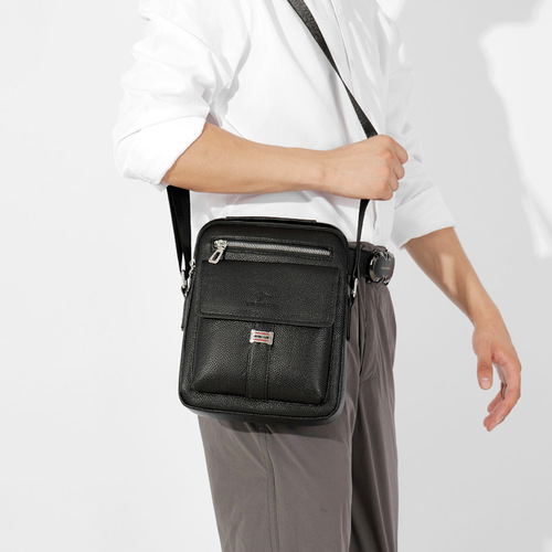 Men's casual sling bag, men's lychee-pattern leather bag, shoulder/crossbody bag, handheld tote