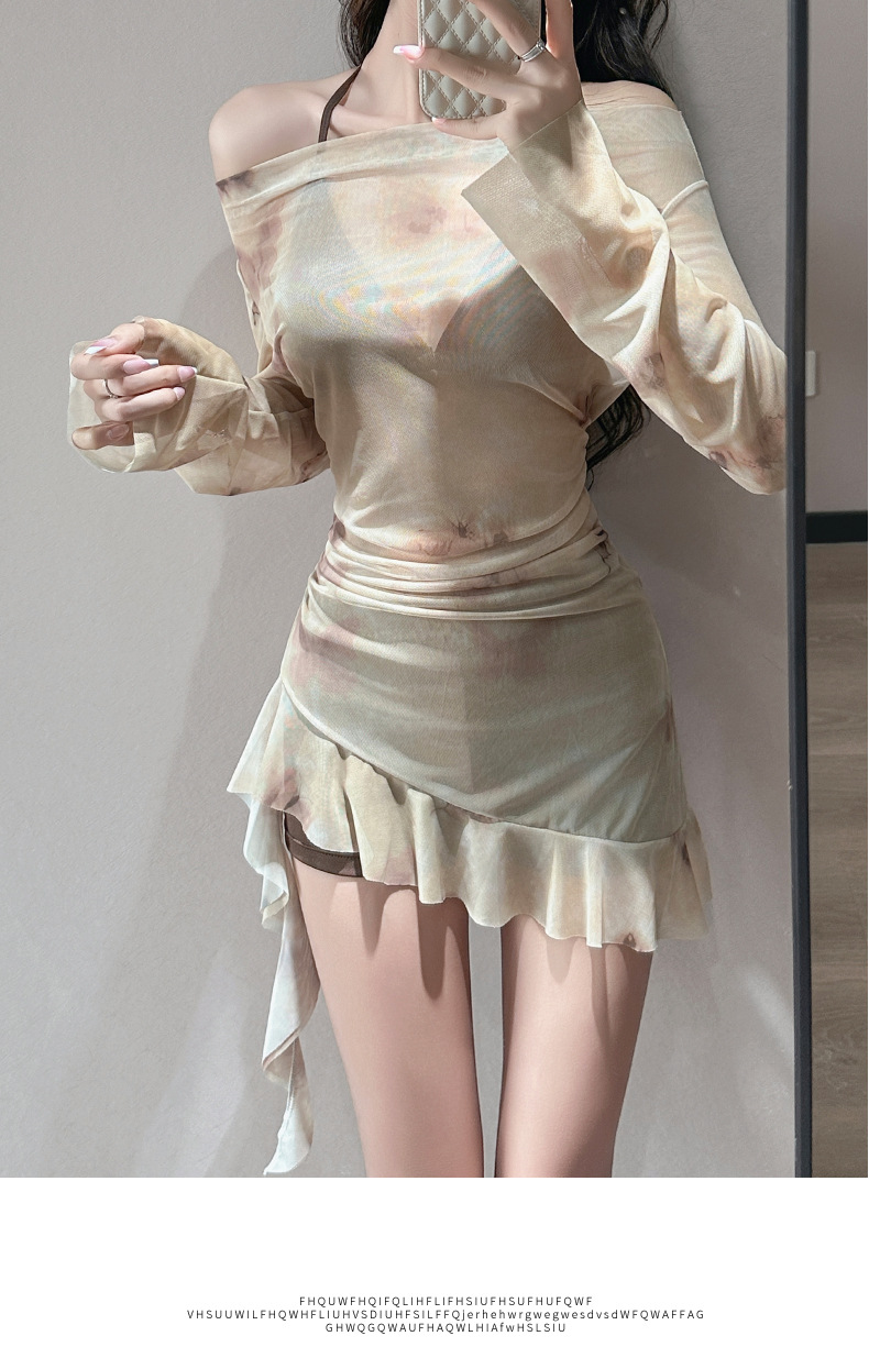Women's Retro Three Piece Swimsuit Set Long Sleeved Bikini Slimming Flattering Irregular Skirt Style For Hot Springs_ecoleips.com