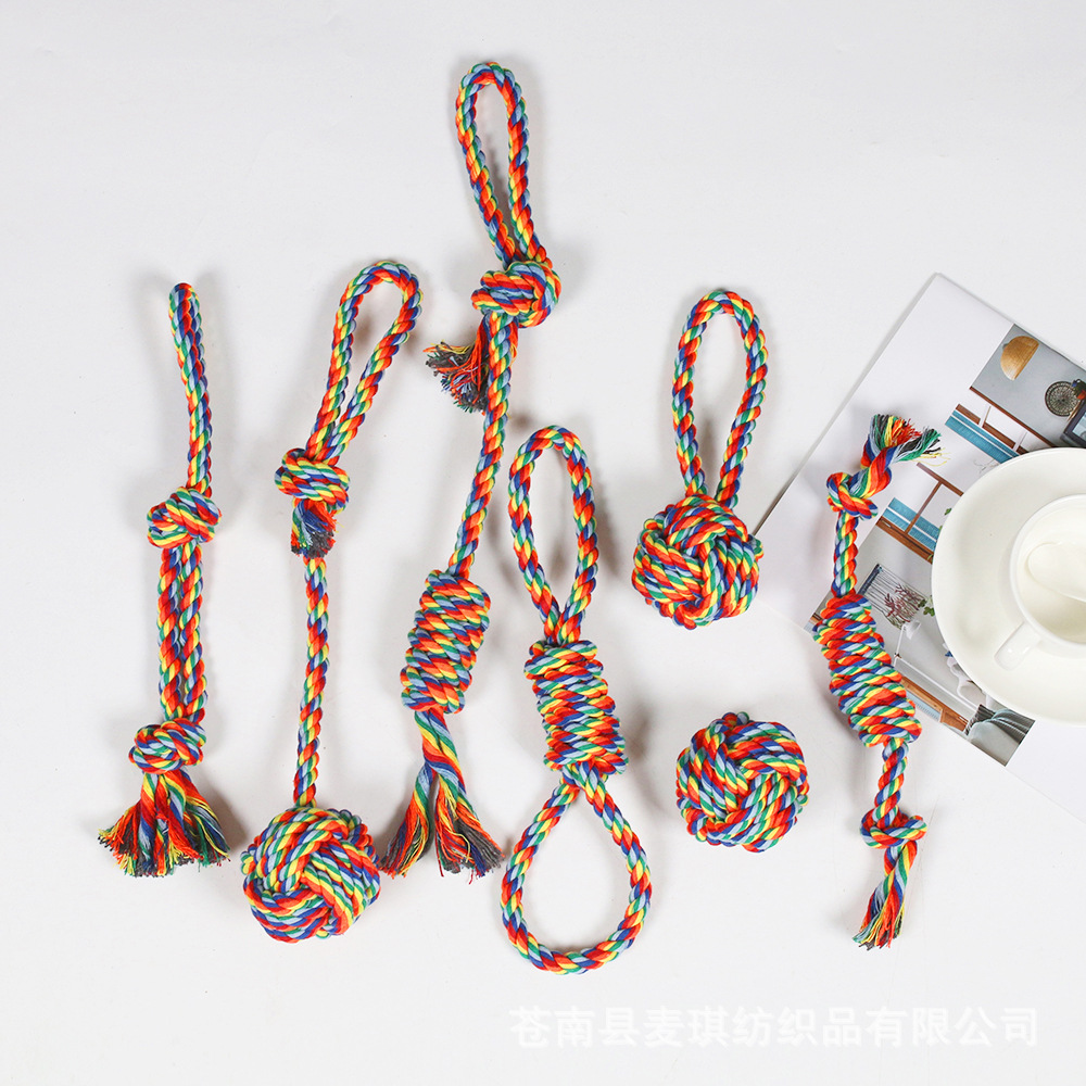 Juguetes transfronterizos para mascotas, cuerda de algodón, juguete molar para perros, juego de cuerda de algodón arcoíris resistente a la mordida