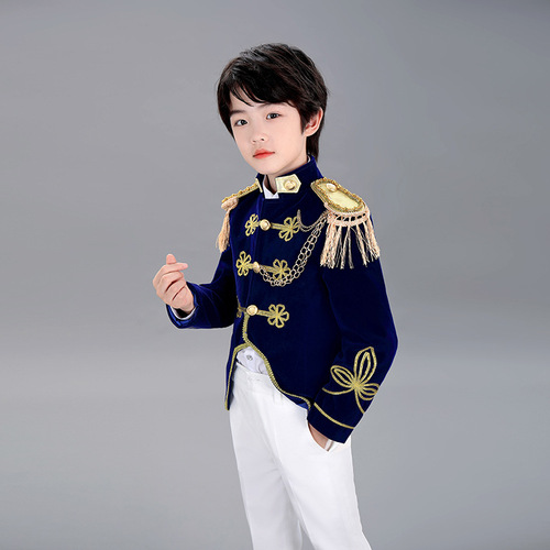Children's velvet blue navy style boys and girls stage performance clothing catwalk drum band flag-raising military dress