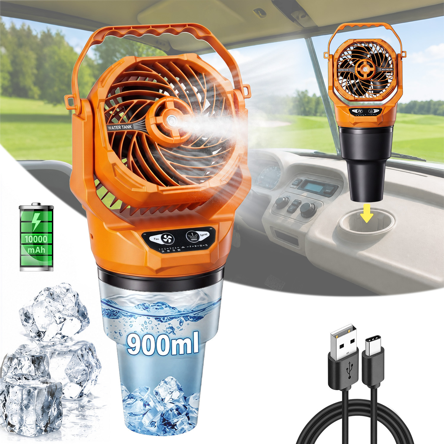 New outdoor fan, car-mounted spray fan, camping tent electric fan, long battery life, rechargeable, portable, for home use