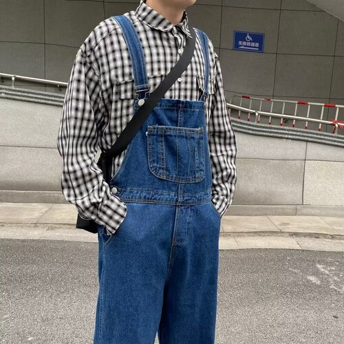 Men's Spring and Autumn Fashion Workwear Belted Denim Straight Loose Hem Pockets Trendy Loose One-Piece Pants