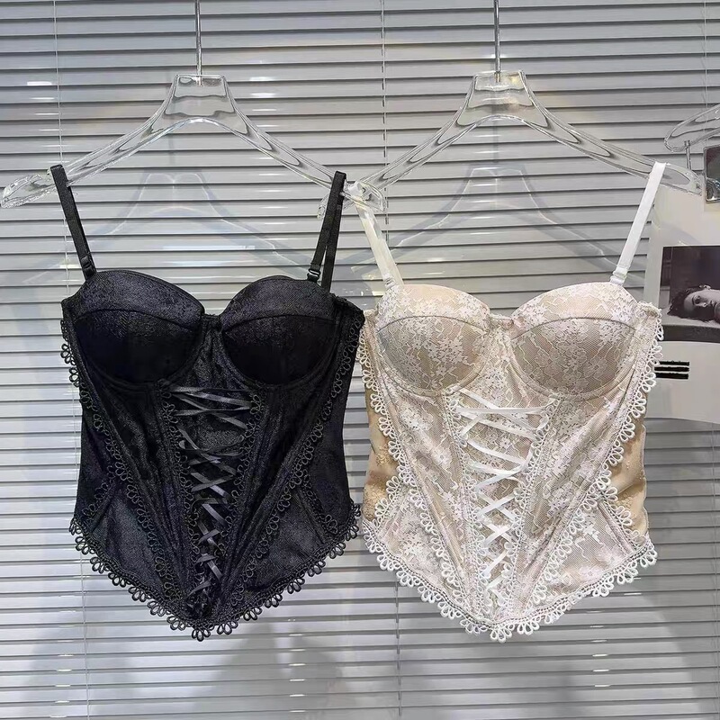 Pure Retro Spice Girl Lace Fishbone Corset Sling Vest with Chest Pad Elastic Back Zipper Irregular Hem