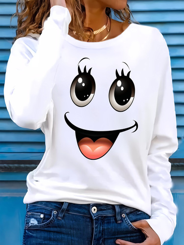 Long Sleeve 3D Smile Pattern Printed Casual Round Neck Shirt