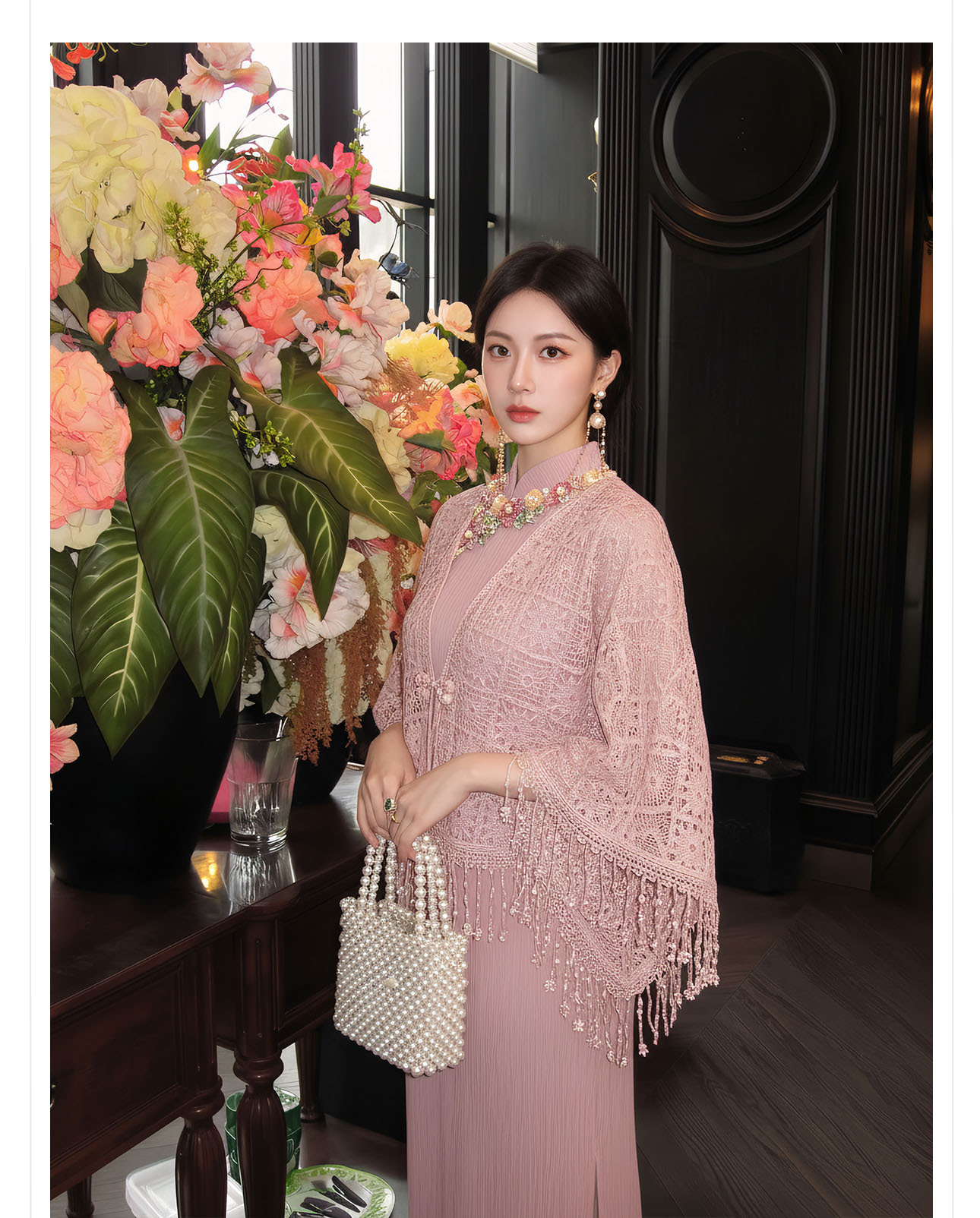 Bộ váy đầm maxi thắt eo kiểu Trung Hoa cải tiến kèm áo khoác choàng tua rua — Trang chủ, bộ đồ, váy liền, váy xanh chi tiết 18