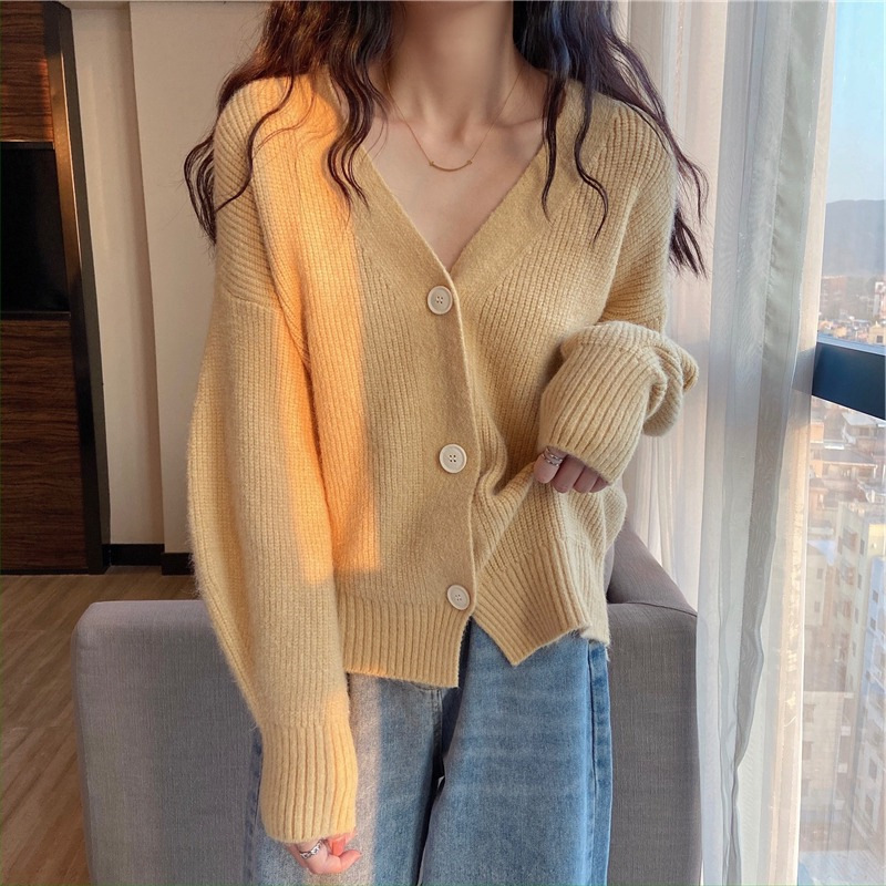 French V-Neck Candy Color Long Sleeve Cardigan Women's Loose Knit Sweater Coat Casual Elegant Outerwear_ecoleips.com