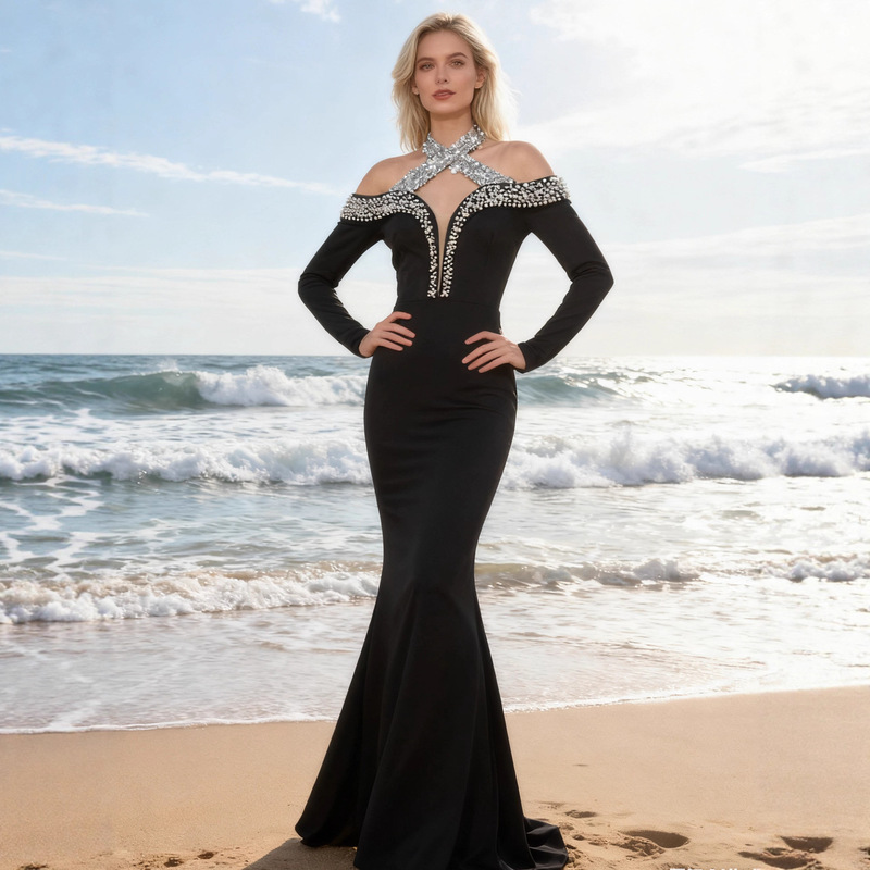 European and American Dress New Dark Style Off-Shoulder Long-Sleeved Fishtail Skirt with Diamond Halterneck Long Skirt Design Evening Dress