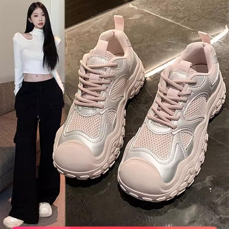 Zapatos de papá 2025 nuevos zapatos de punta grande de malla de primavera y verano para mujer, transpirables, delgados y feos, plataforma deportiva, zapatos blancos de aumento