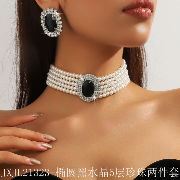 Jxjl21323-Oval black crystal 5-layer pearl two-piece set