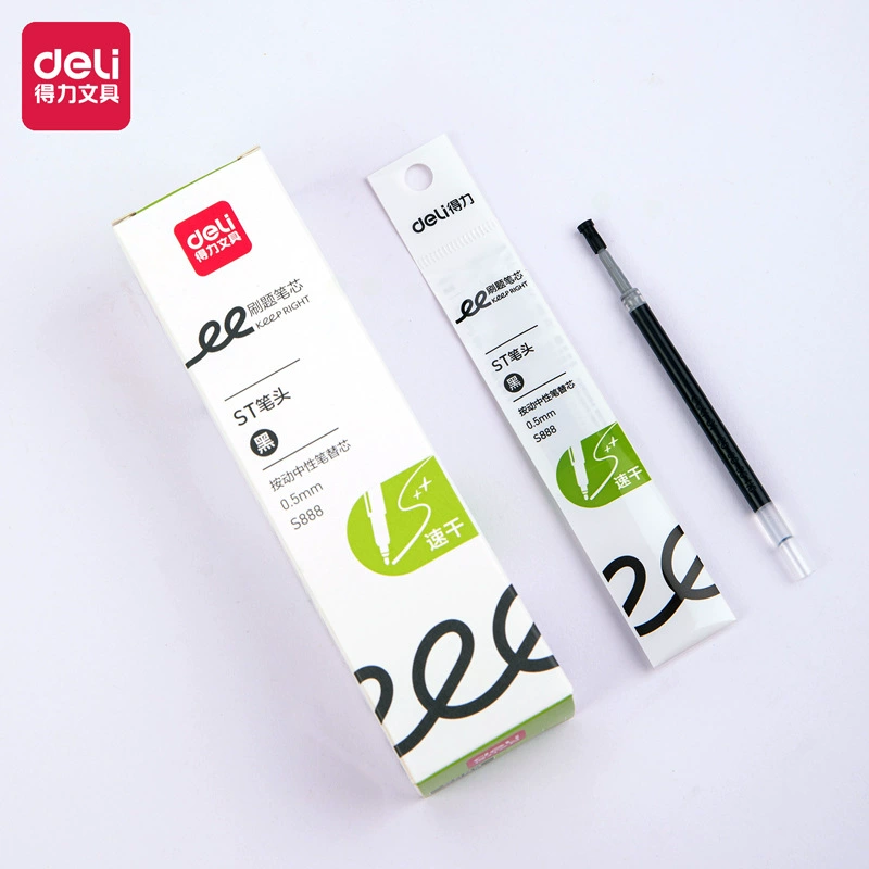 Быстросохнущая заправка для пресс-ручки Deli S888, головка ST 0,5 мм (черная), плавно пишет и ее нелегко сломать чернила большой емкости.