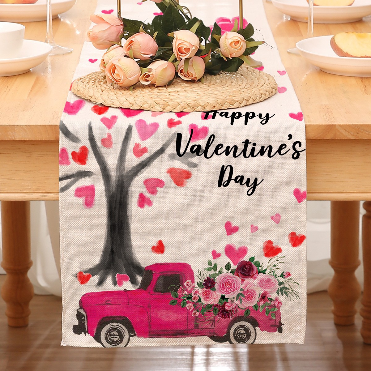 Camino de mesa temático de San Valentín para decoración transfronteriza, mantel rojo estampado de Amazon, decoración de restaurante, estilo nórdico, decoración del hogar, tira larga