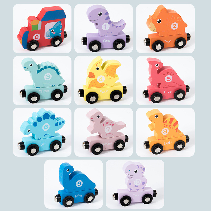 CPC Amazon madera dinosaurio magnético pequeño tren vagón apilado bloques de construcción altos juguetes educativos cognitivos para niños