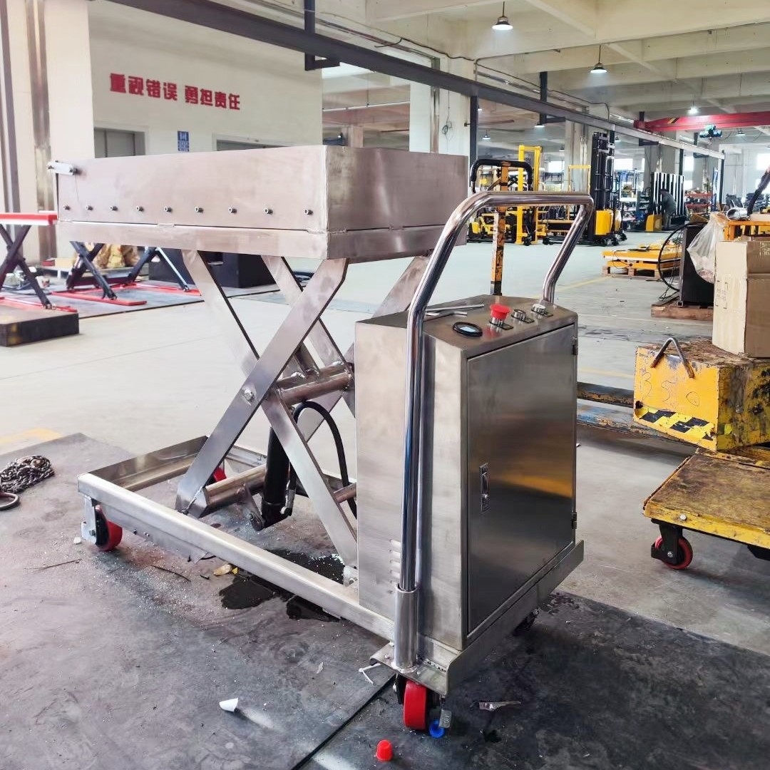 普尔夫304全不锈钢剪叉式平台车移动手动液压模具升降车卸货平台