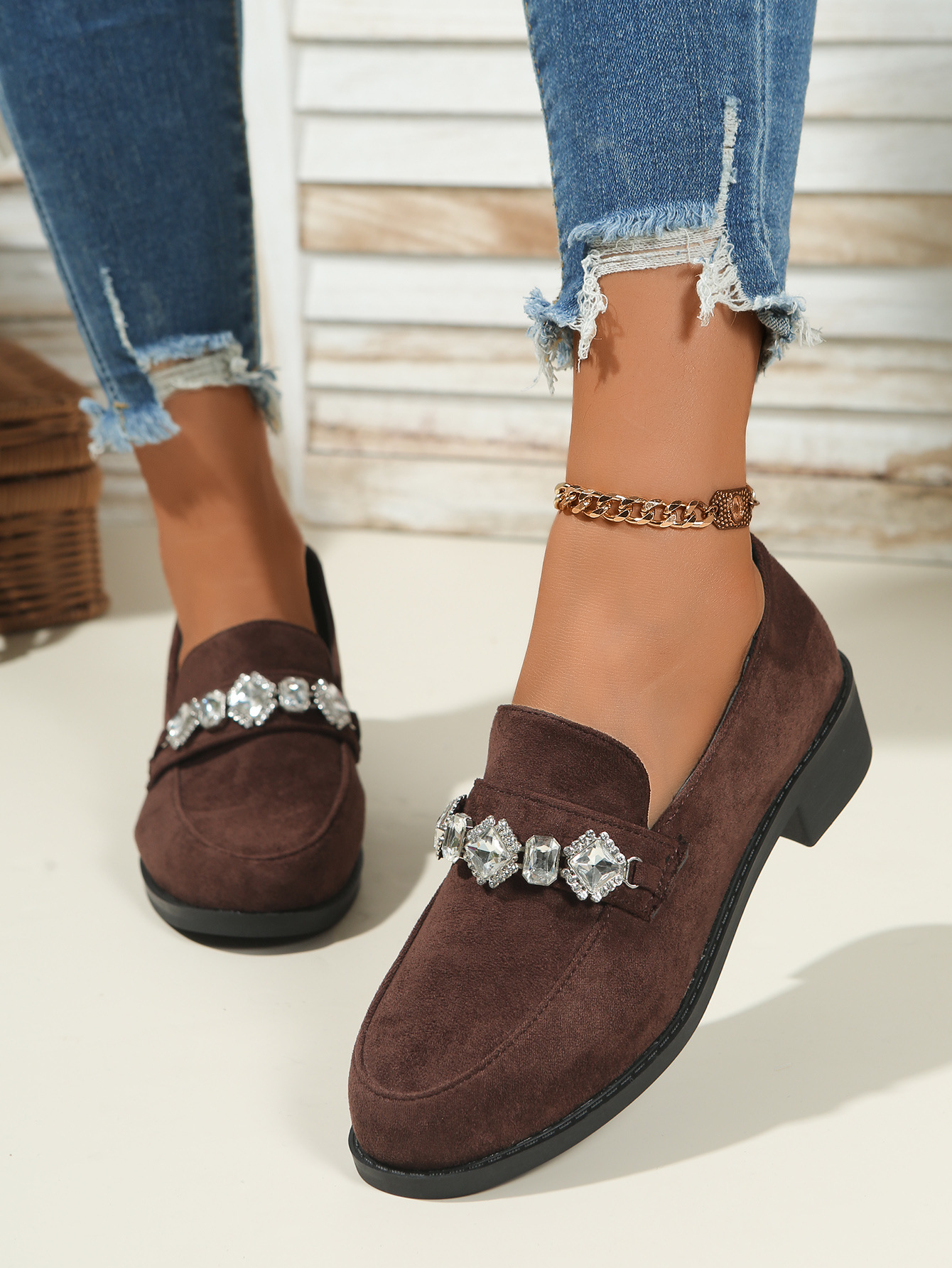 Damen Loafer Aus Wildleder Mit Strass Und Blockabsatz Britisch_voghion.com