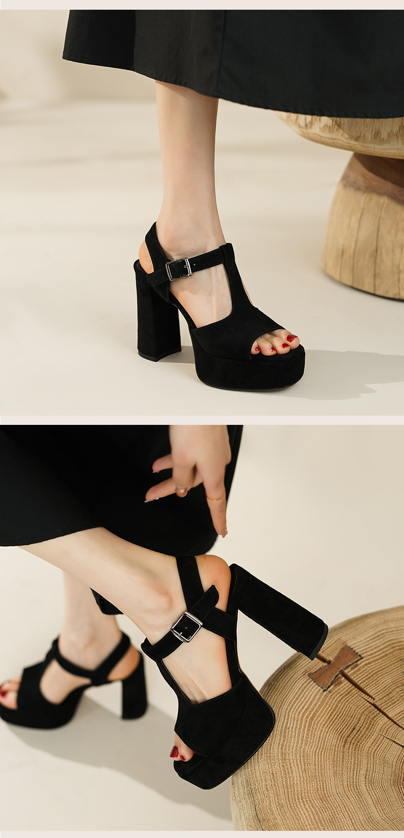 Sandal cao gót nữ quai chữ T đế dày gót vuông mũi cá da bò — Màu Đen [da cừu] chi tiết 5
