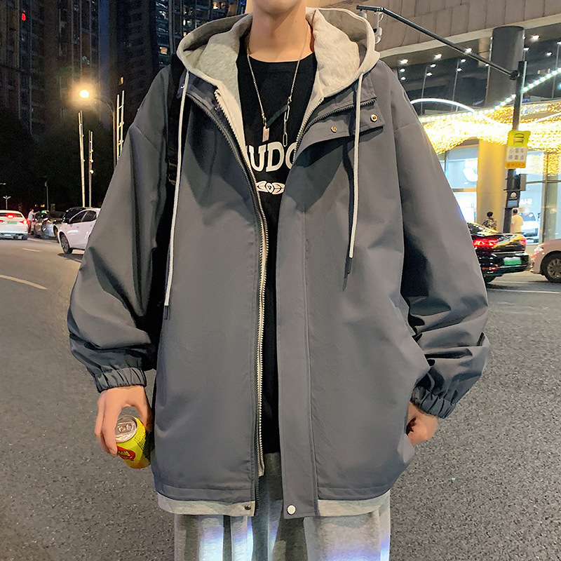 WASSUPNEST假两件外套男生春秋连帽宽松休闲潮流青少年学生夹克男|undefined