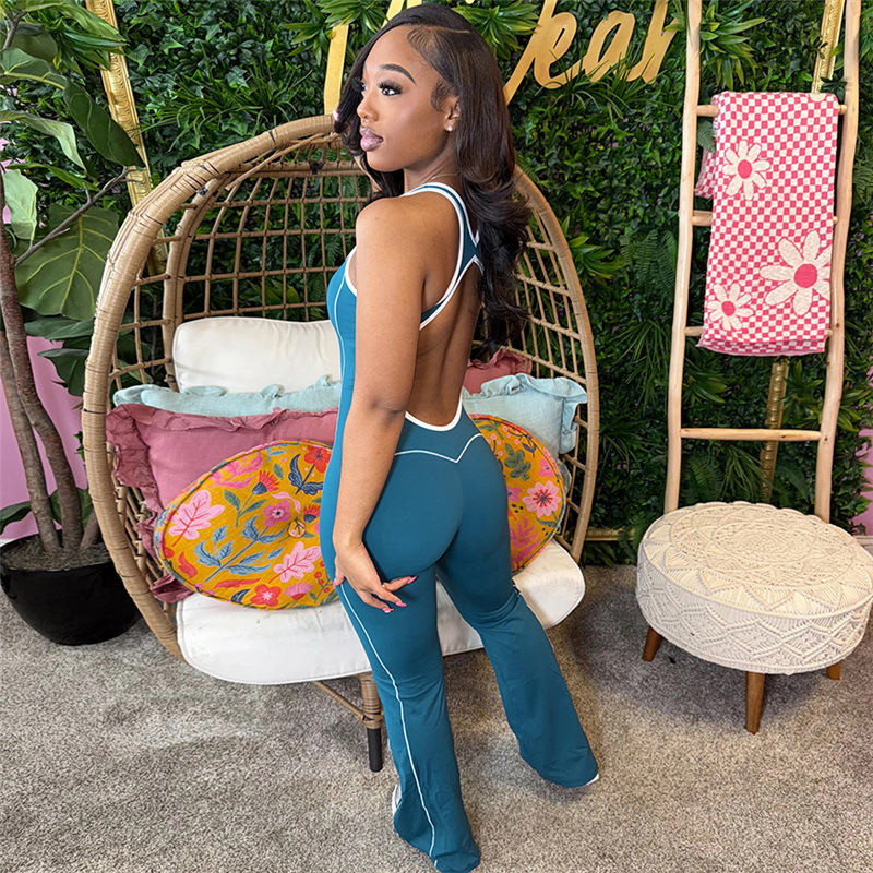Women's Backless Slim-Fit Yoga Jumpsuit - High Waist Tummy Control Workout Bodysuit With Contrast Color Design For Summer_voghion.com