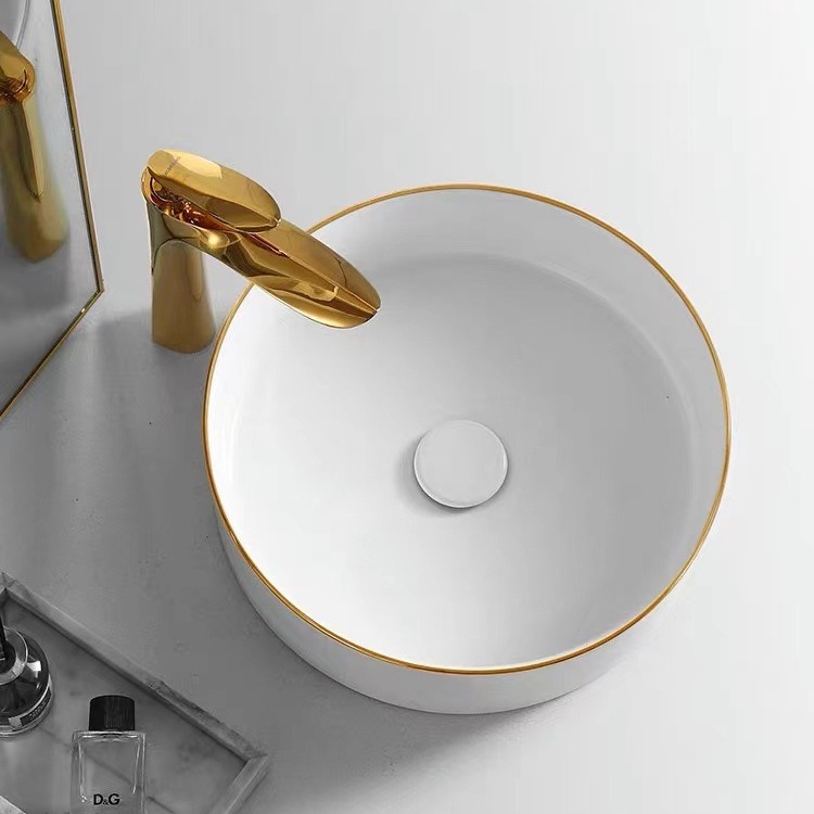 Mesa de lavabo Estilo nórdico moderno luz lujo oro borde Mesa lavabo hogar pequeño tamaño lavabo redondo lavabo creativo