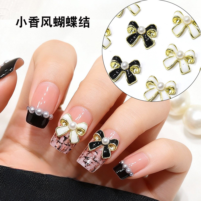 Tweed Style Alloy Nail Art Jewelry Black and White Simple French Pearl Bow Diamond Wearable Nail Decoration Nail Accessories Tweed Style Alloy Nail Art Jewelry Black and White Simple French Pearl Bow Diamond Wearable Nail Decoration Nail Accessories