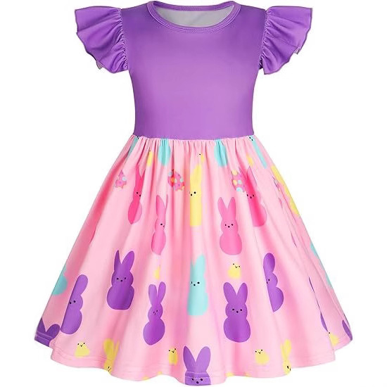 2025 Cross Border Summer Girls dress New Arrival Clothing Children's Wear Girls Easter Bunny Printed Flying Sleeve Skirt