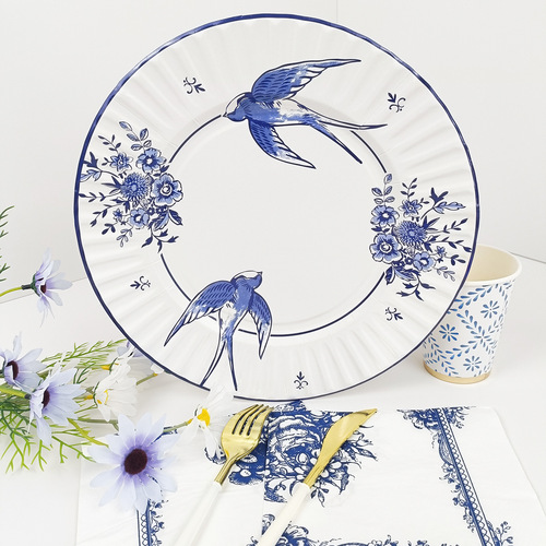 Chinese-style blue and white porcelain paper plate disposable paper plate paper dish retro party wedding floral edge dish