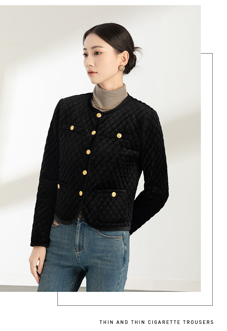 Áo khoác nhung nữ cổ tròn ngắn dày dặn kiểu Chanel chần ô vuông — Màu đen chi tiết 15