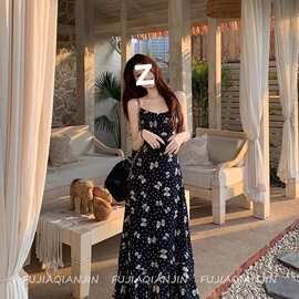左边女装高腰无袖吊带裙2025夏季新款蝴蝶结印花连衣裙