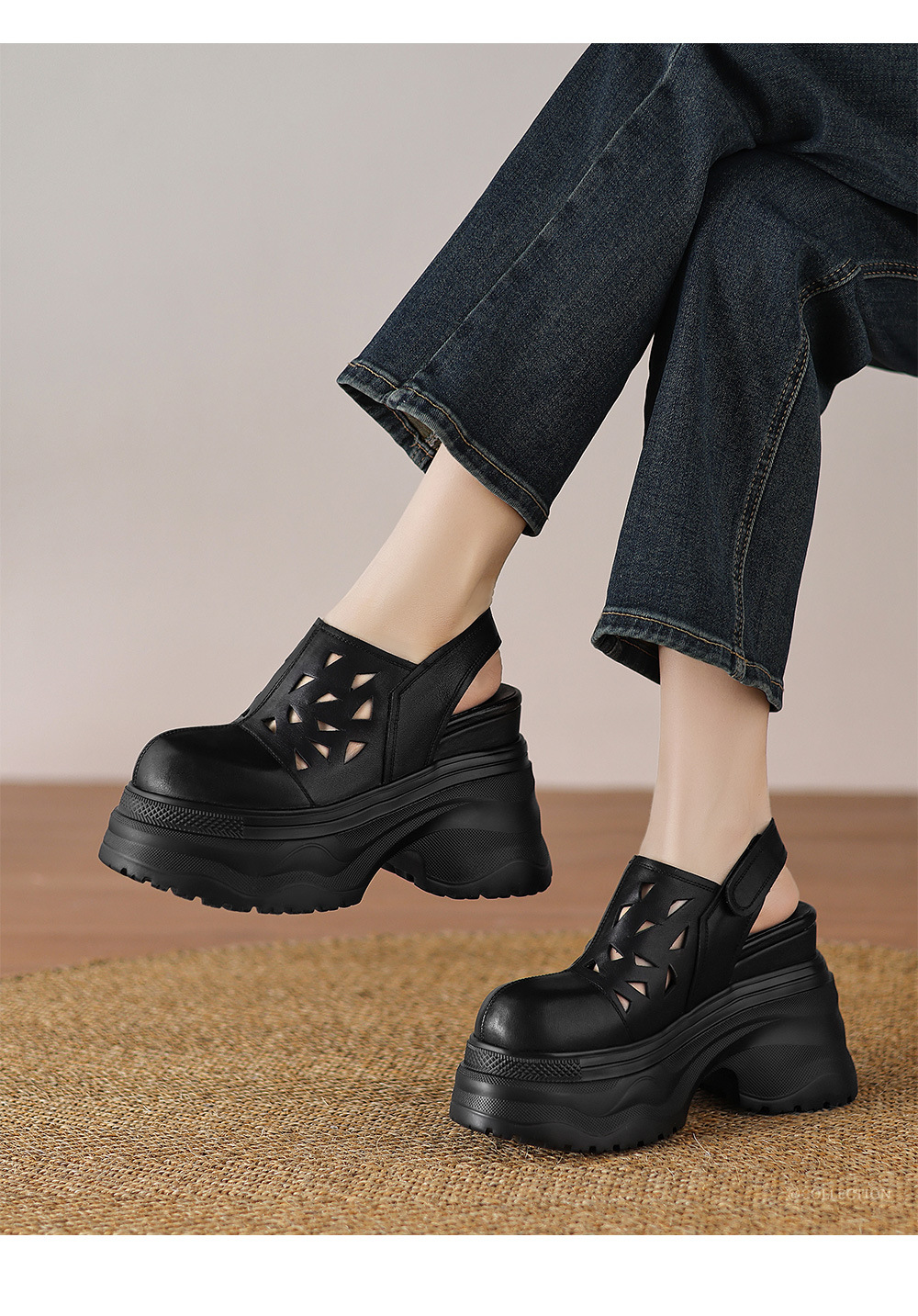 Giày sandal lỗ nữ đế xuồng platform cao 12 cm, bít mũi, dáng đế xốp nhẹ — đen, trắng chi tiết 1