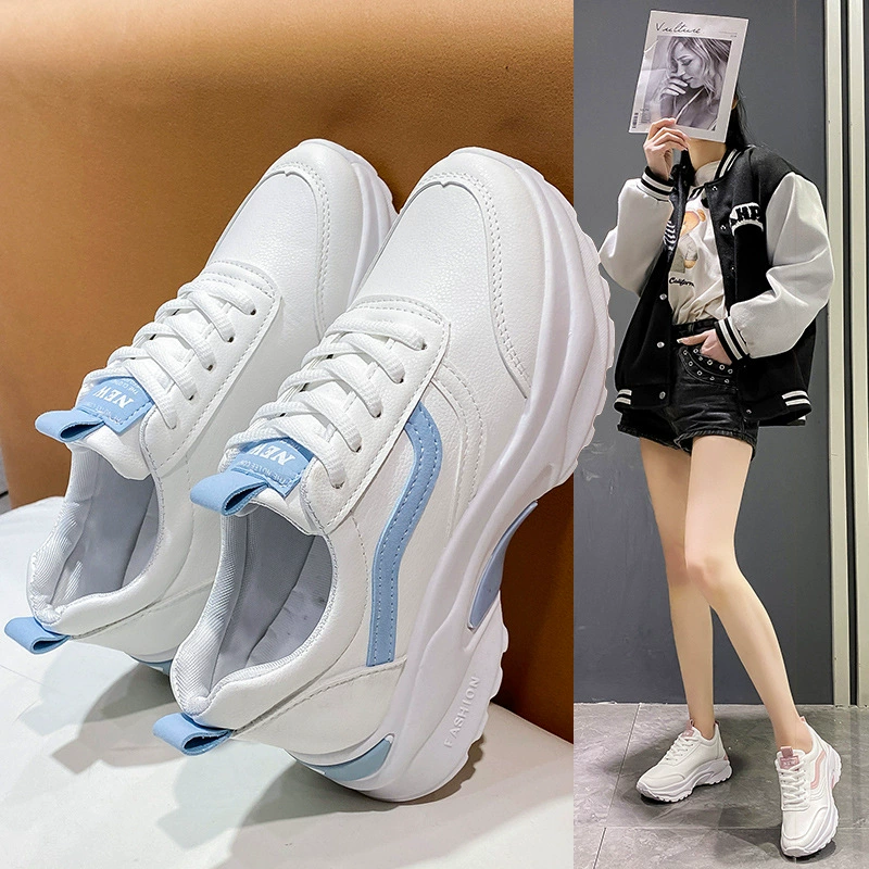 Кроссовки на толстой подошве, осень 2024, новые, повседневные, универсальные, для маленьких и высоких людей, белые, спортивные, повседневные.