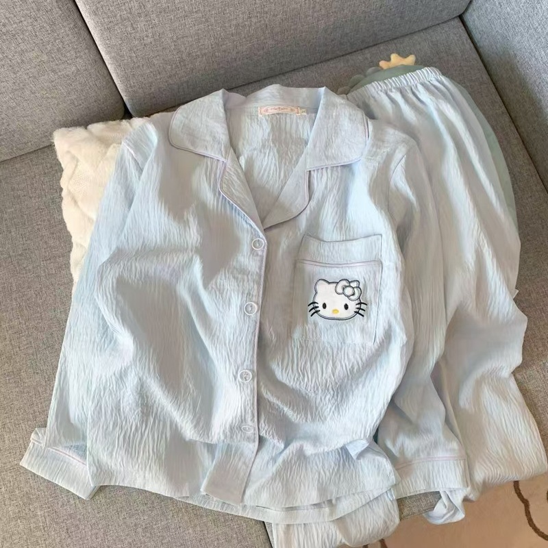 衫芊亿褶皱云朵棉睡衣女士春秋季印花翻领可爱卡通家居服套装新款|undefined