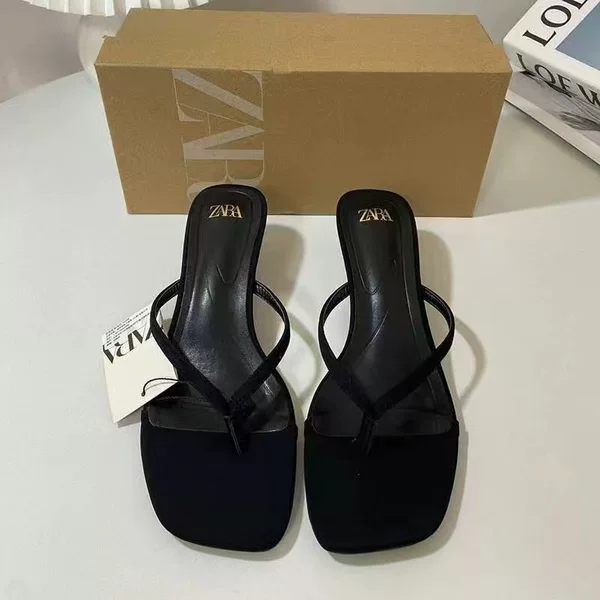 Za New Product 2025 Summer French Square Toe High-Heeled Flip-Flops Open Toe Backless Fashion Cool High-Heeled Slippers