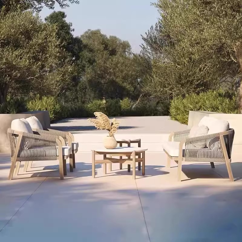 Sofá al aire libre de teca Jardín Jardín de madera anticorrosiva Diseñador Balcón al aire libre Silla de mimbre de ocio Combinación de muebles de hotel