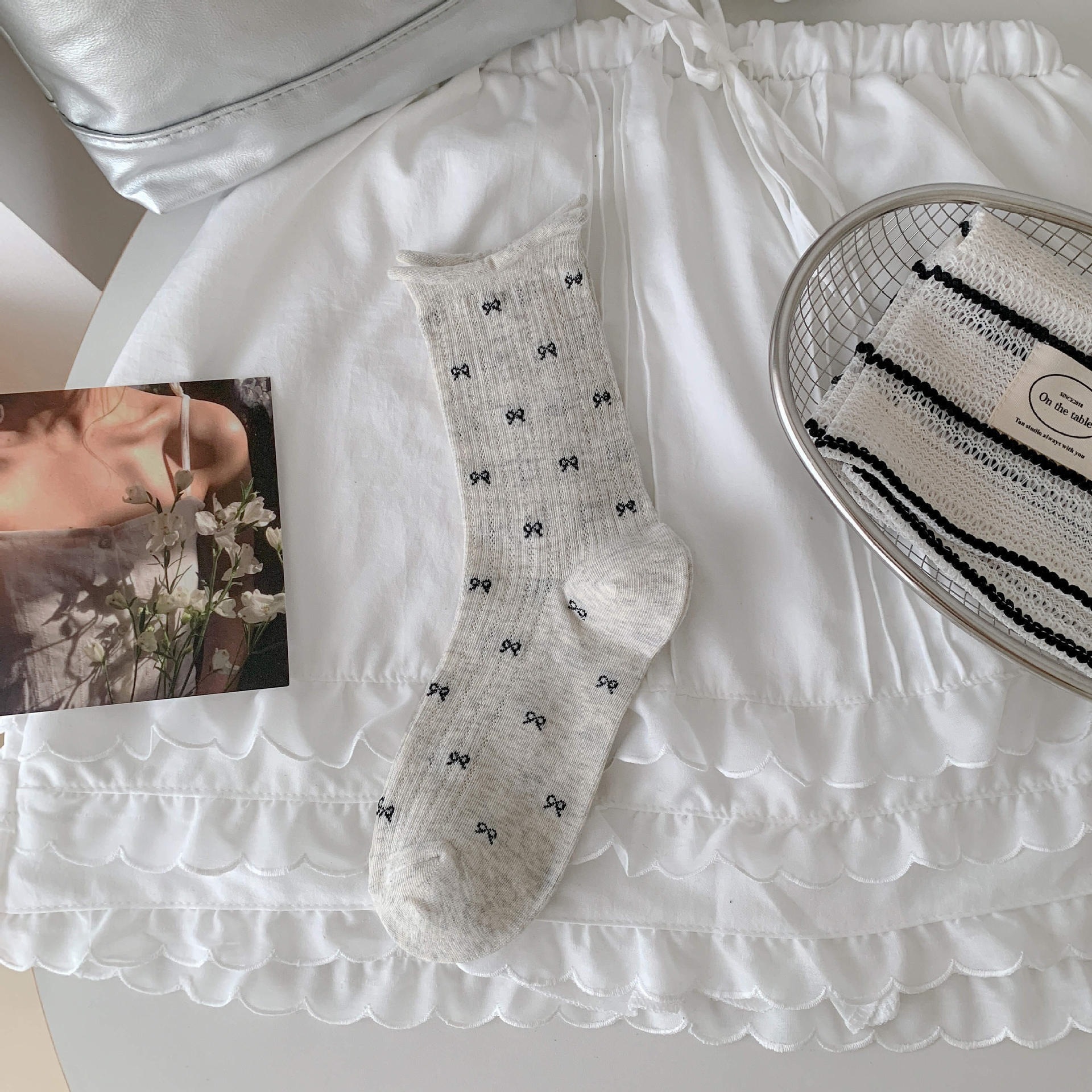 Coquette Aesthetic Sheer Mesh Pointelle Mini Bow Crew Socks Detail View 2