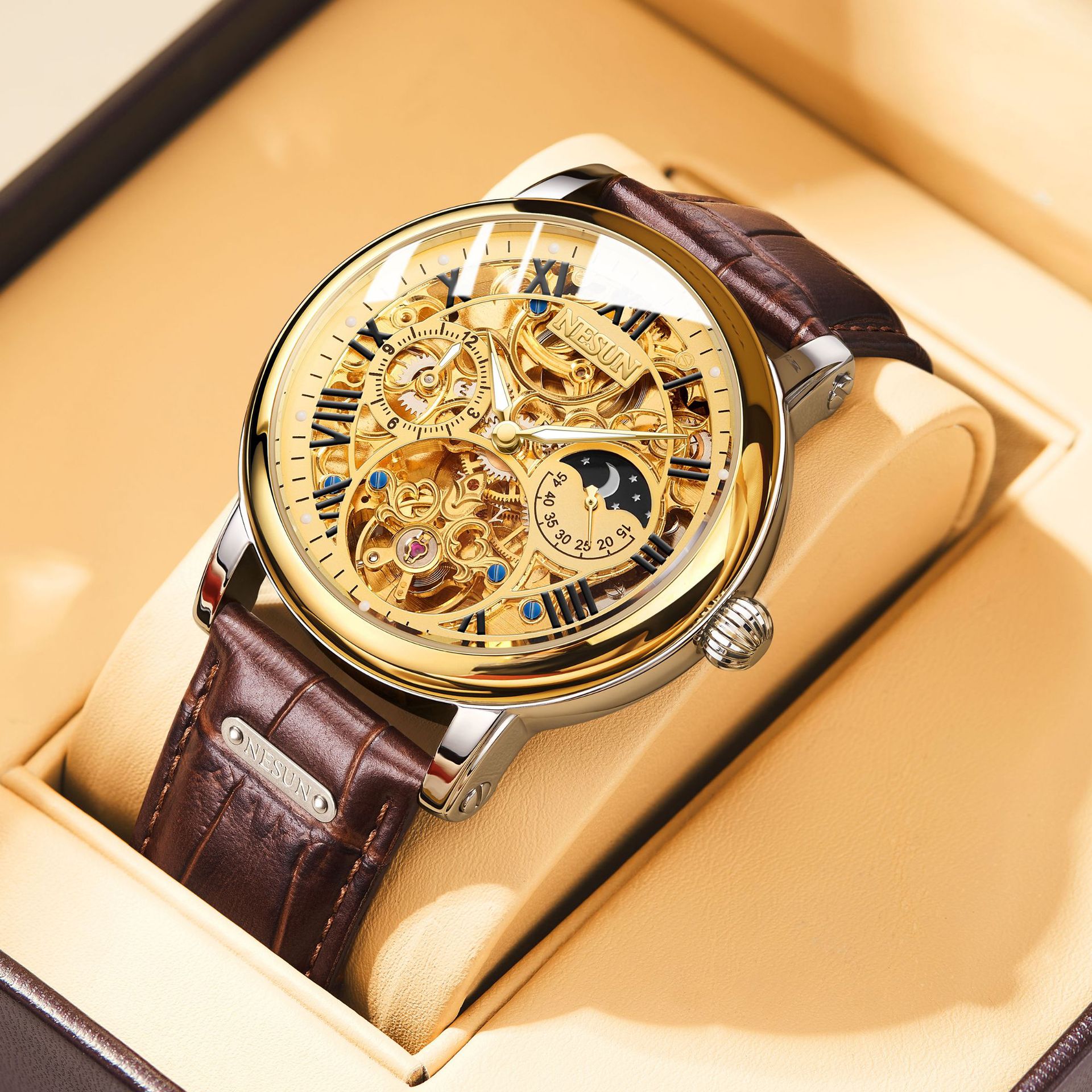 Nesun Double-Sided Hollow Carved Mechanical Watch Fully Automatic Men's Watch Luminous Waterproof Leather 9097