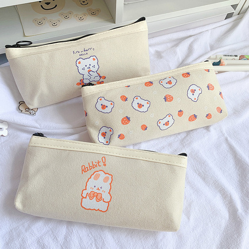 Girly Heart Canvas Pen Bag Large Capacity Cute Girls Stationery Bag Simple Primary School Girls Pencil Box