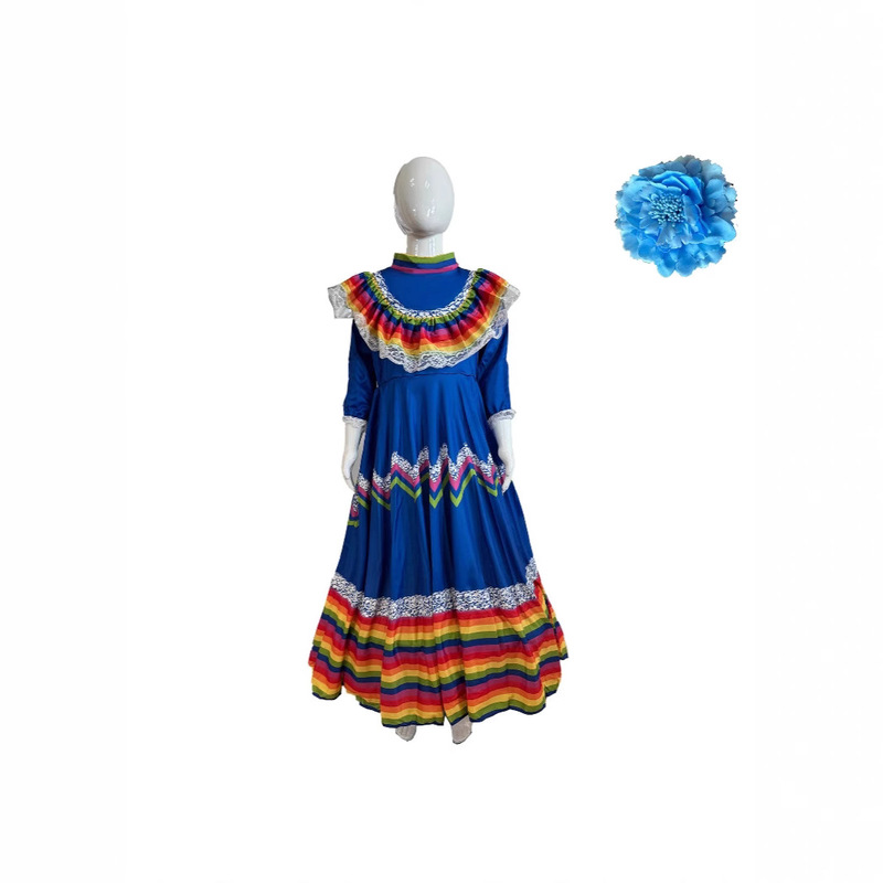 2025 New Five-color Mexican Girl's Large Swing Long Dress Ethnic Dance Costume Children's Performance Game Costume