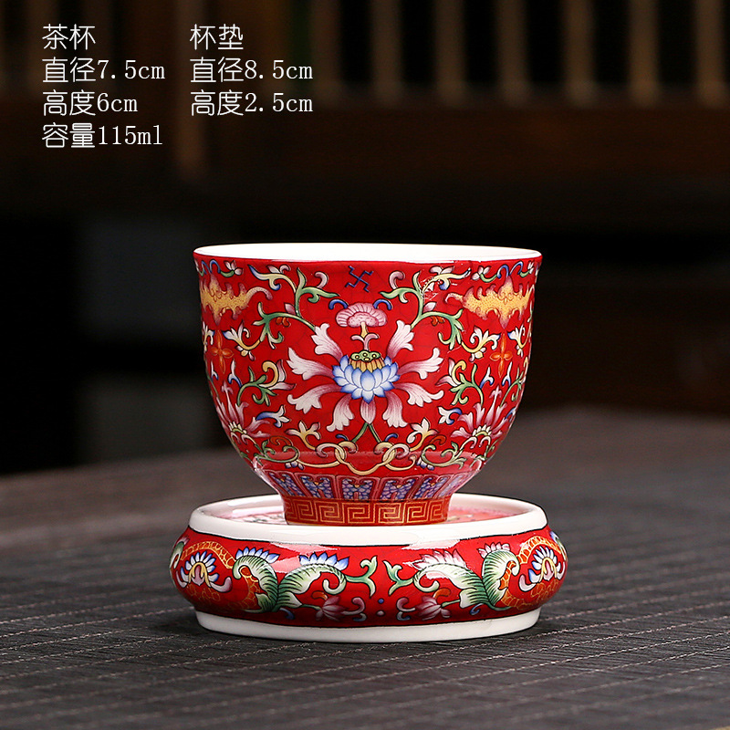 에나멜 티 컵 + 코스터-레드