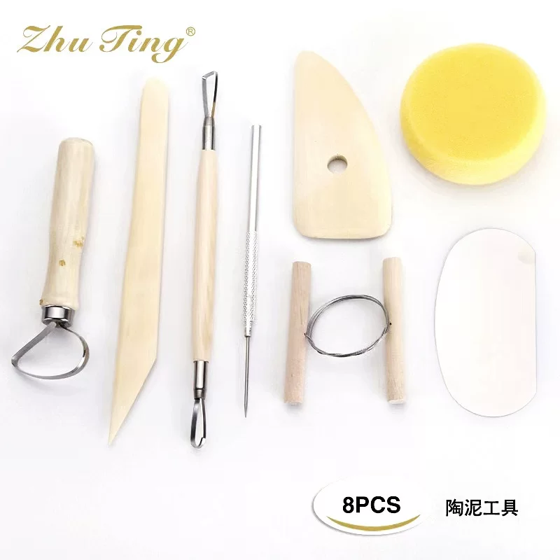 Ceramics, clay, wooden tools set, 8 pieces
