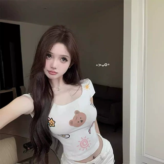 卡通印花白色方领短袖T恤女夏季修身显瘦甜辣设计感短款百搭上衣