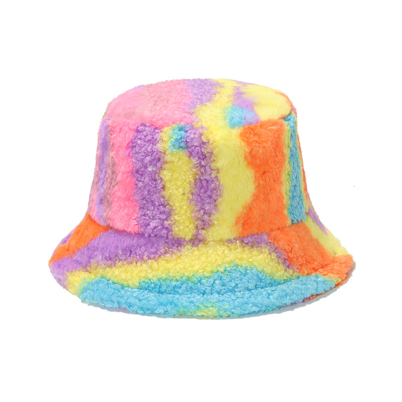 Pot Hat Winter Women's Warm Plush Hat Autumn and Winter Thickened Lamb Hair Colorful Gradient Striped Fisherman Hat_voghion.com