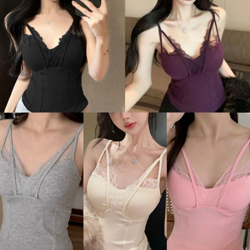 7011 # Purely Sexy Hottie's Sexy V-Neck Lace Patchwork Camisole with Built-In Breast Pads for Women to Wear Outside 7011 # Purely Sexy Hottie's Sexy V-Neck Lace Patchwork Camisole with Built-In Breast Pads for Women to Wear Outside