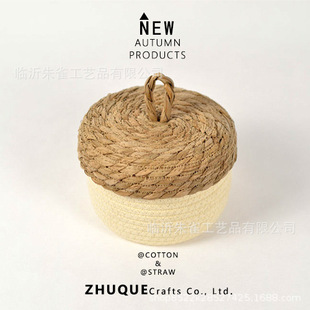 Linyi manufacturers wholesale natural straw rope straw cotton rope hand-woven foreign trade with lid round storage basket crafts