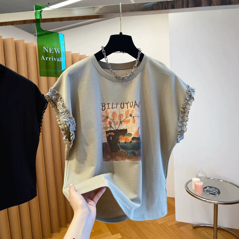 Cross-Border Hot-Selling Item 120kg Short-Sleeve Pure Cotton T-Shirt for Women, Loose Fit with Lace Trim Cross-Border Hot-Selling Item 120kg Short-Sleeve Pure Cotton T-Shirt for Women, Loose Fit with Lace Trim