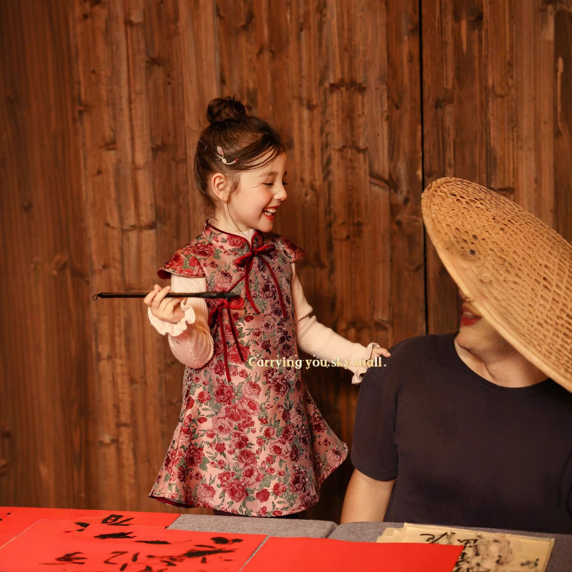 Girls 2025 New New Year's Greetings Autumn and Winter Velvet Dress New Chinese Style Cheongsam Skirt Vest Two-Piece Dress