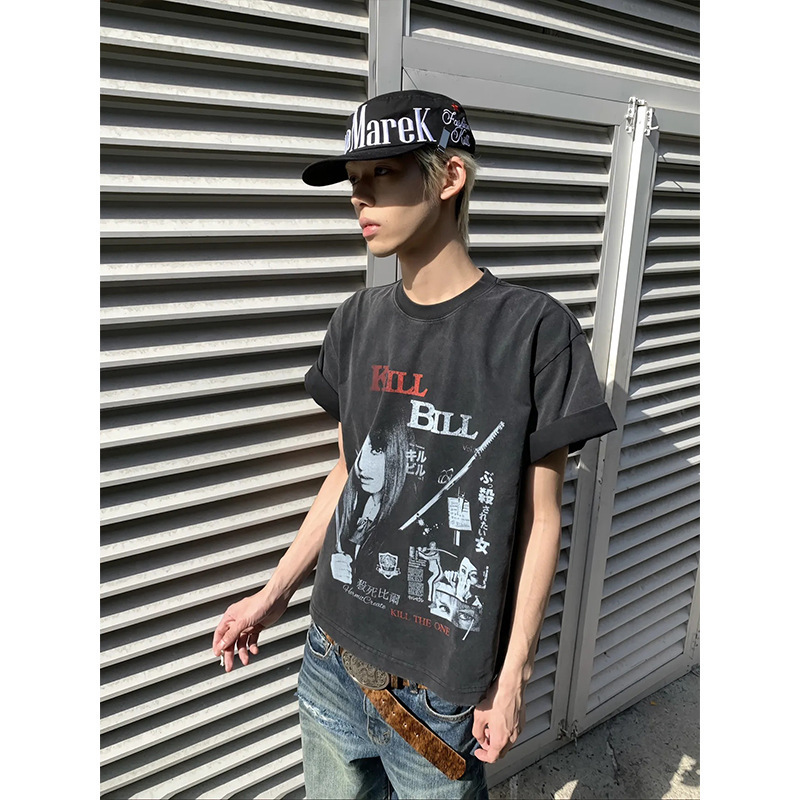 キリング・ビル Tシャツ メンズ 夏 アメリカン ヴィンテージ ストリート スモールネックライン 半袖 ボクシーバージョン 右肩半袖|undefined